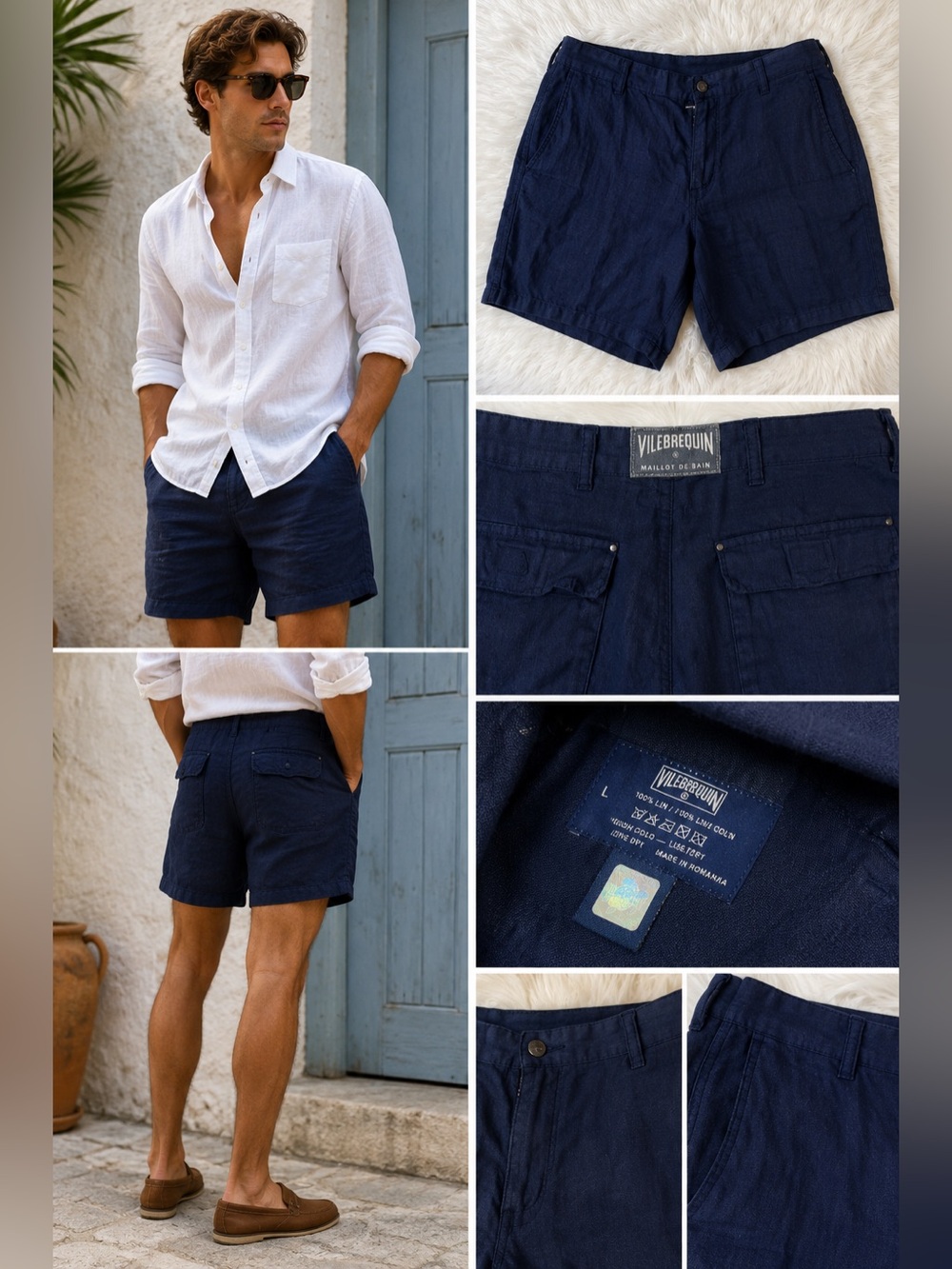 Vilebrequin 100% Linen Shorts Men’s Large Blue Luxury Resort Casual Summer 35W